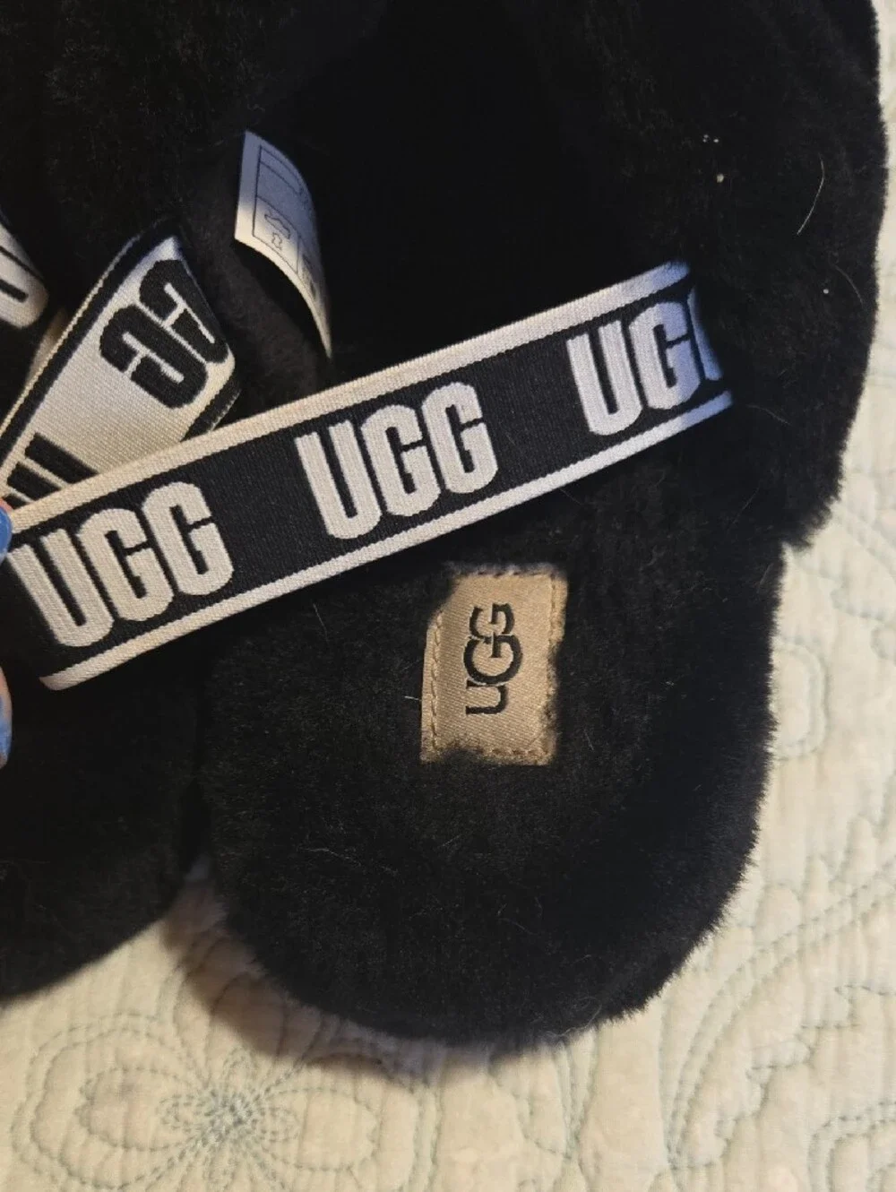 UGG Kids Black Plush Slide with Logo Heel Strap